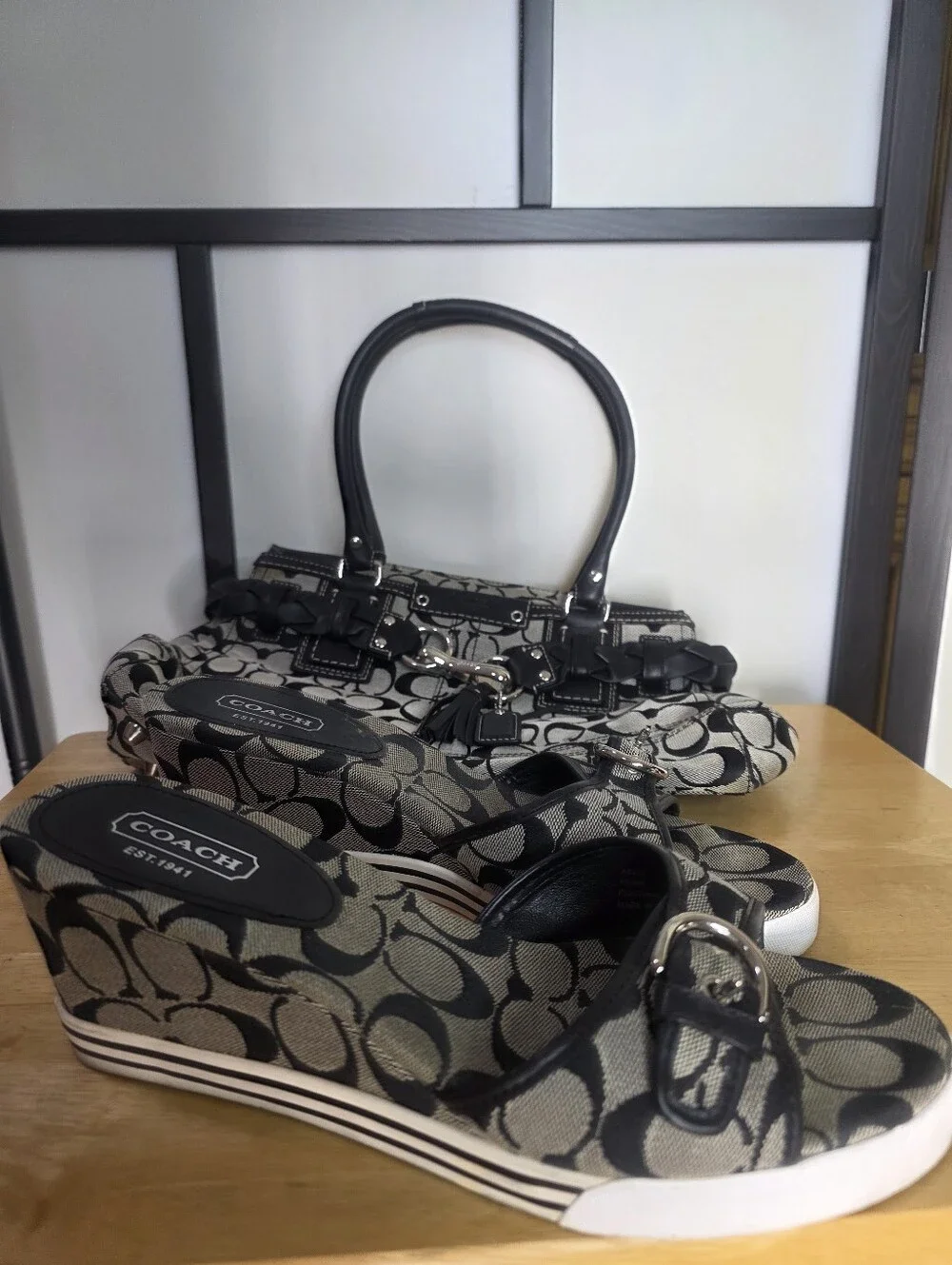 Coach Black and Gray Signature Satchel with Matching Wedge Slides Shoes Size 11